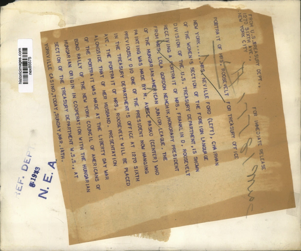 1943 Press Photo NYC Mrs Neville Ford, portrait of Mrs FD Roosevelt