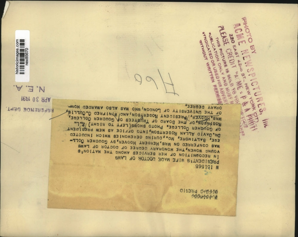 1931 Press Photo Mrs Herbert Hoover 1st Lady made Dr of Law, Coucher College