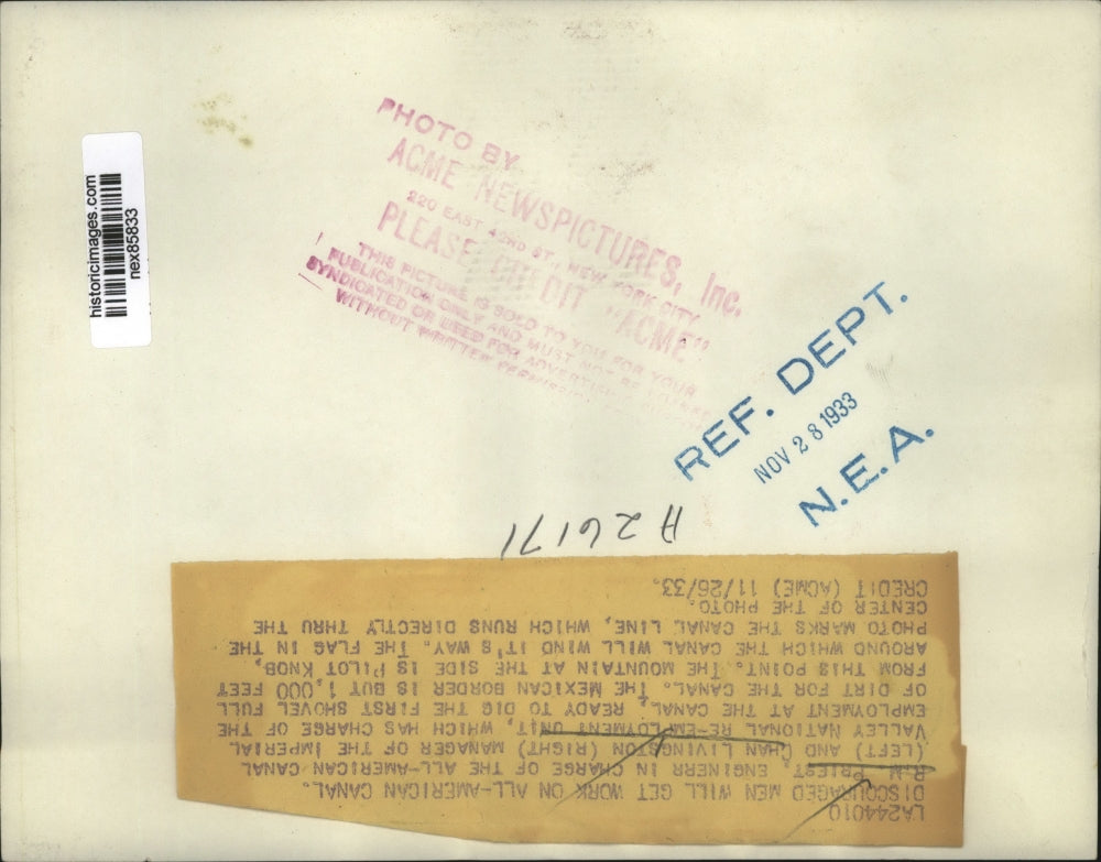 1933 Press Photo RM Priest & Chan Livingston work on All American Canal in Calif