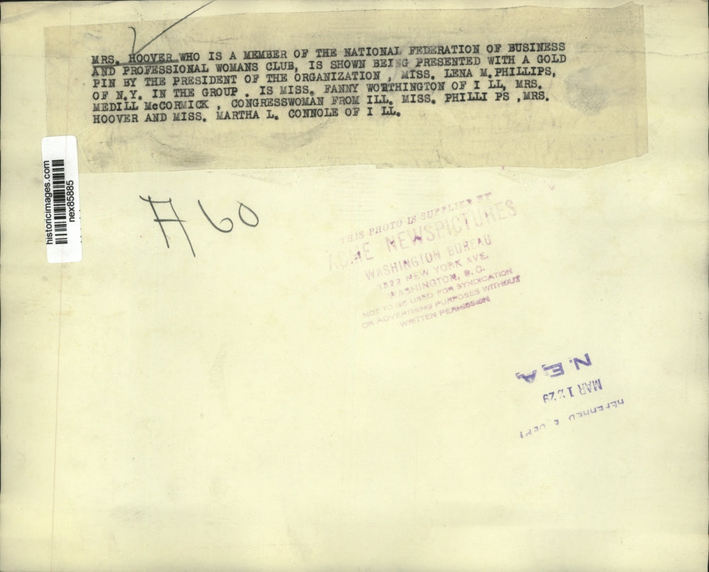 1929 Press Photo 1st Lady Mrs Herbert Hoover & NAtl Fed of Business Pros