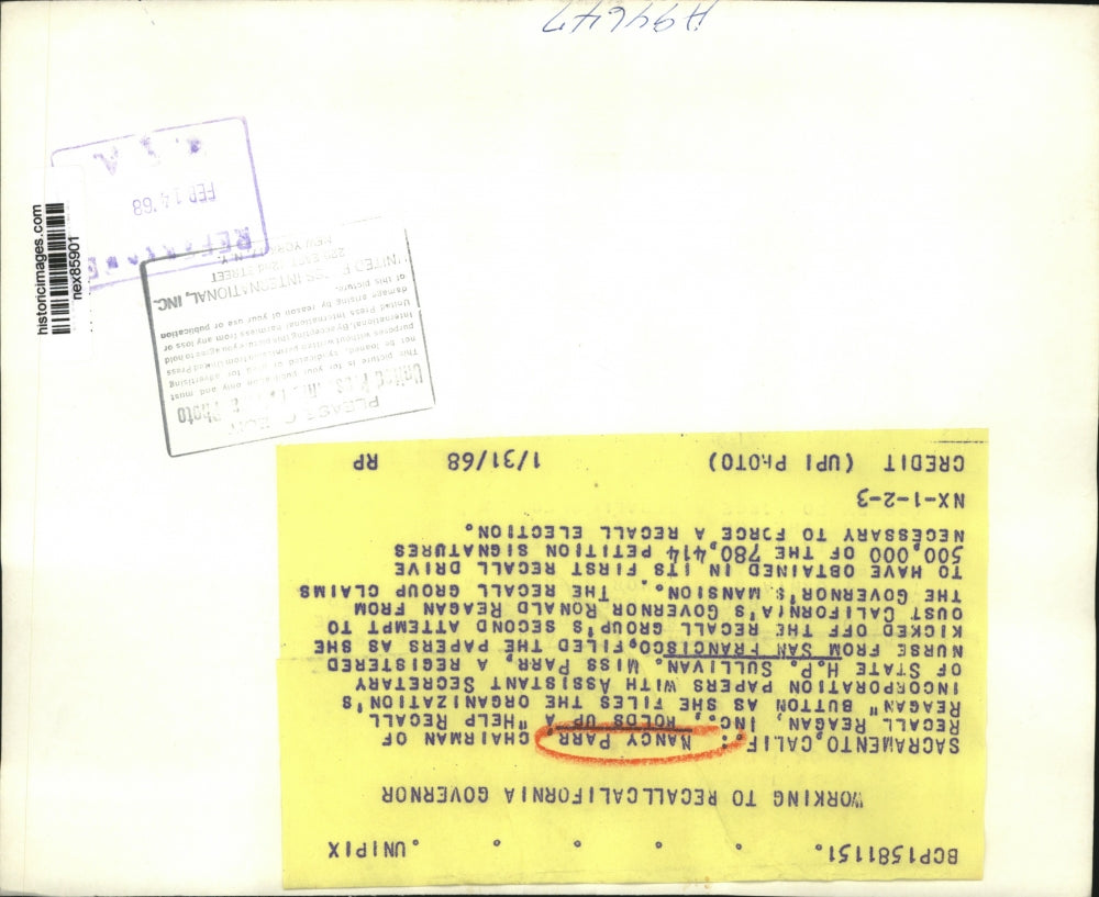 1968 Press Photo Sacramento Calif Nancy Parr or Recall Regan Inc