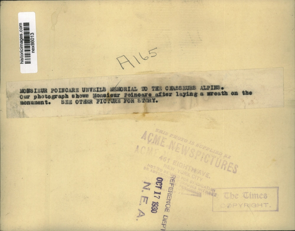 1930 Press Photo French Premier Mr Poinears at Chausser Alpins memorial