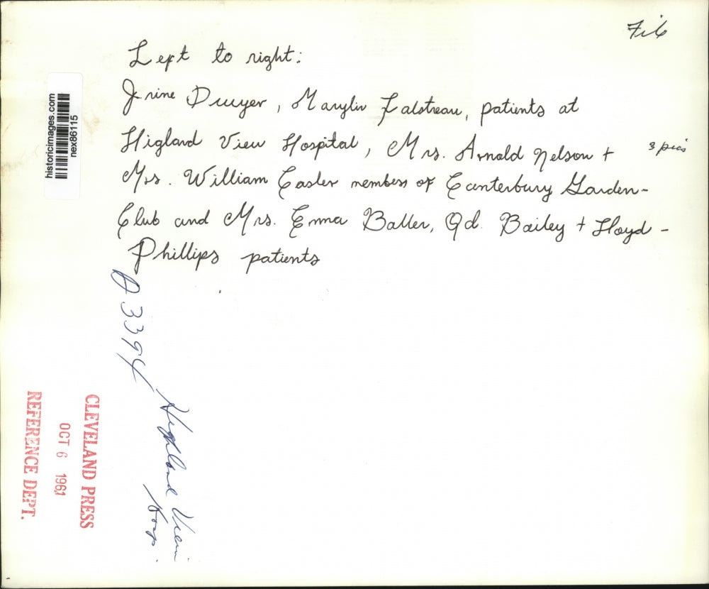 1961 Press Photo J Druyer, M Falstreau, Highland View Hospital, Mrs A Nelson