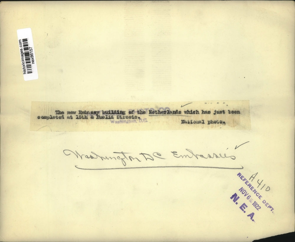 1922 Press Photo New Embassy building for Netherlands on Euclid St in DC