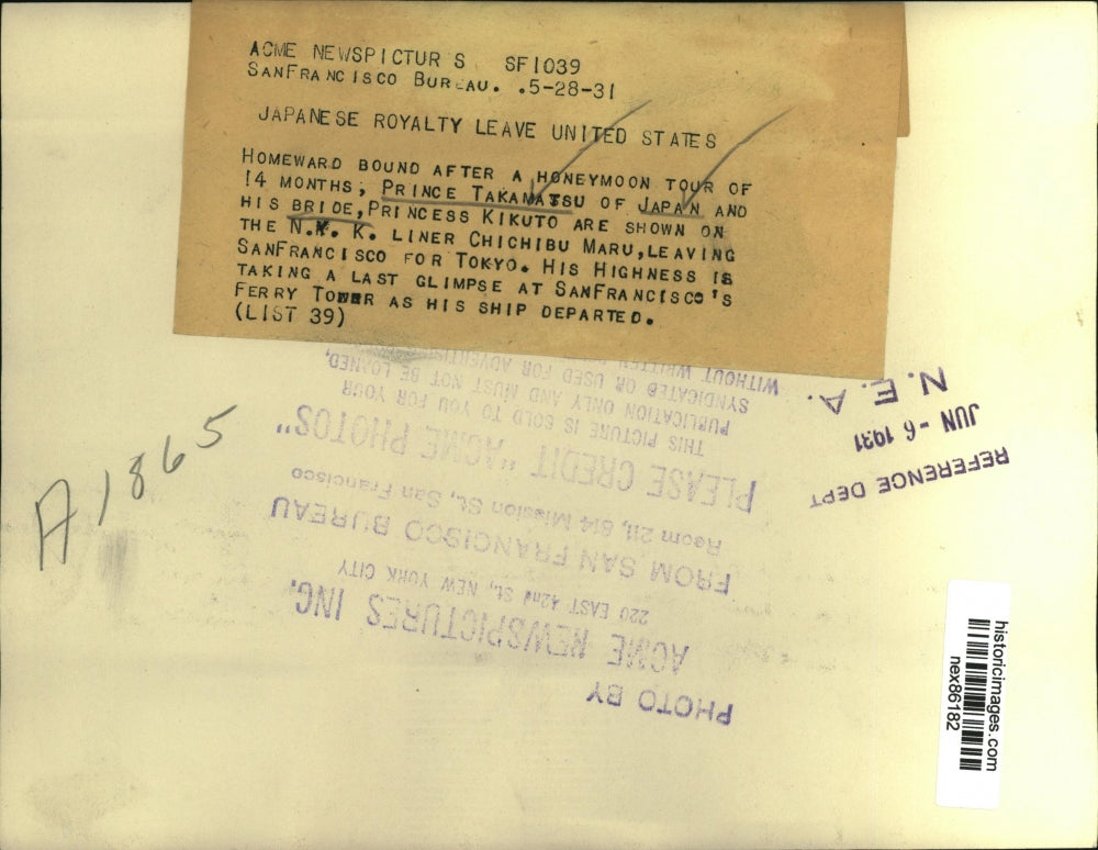 1931 Press Photo Prince Takamatsu of Japan & Bride Princess Kikuto Aboard Ship