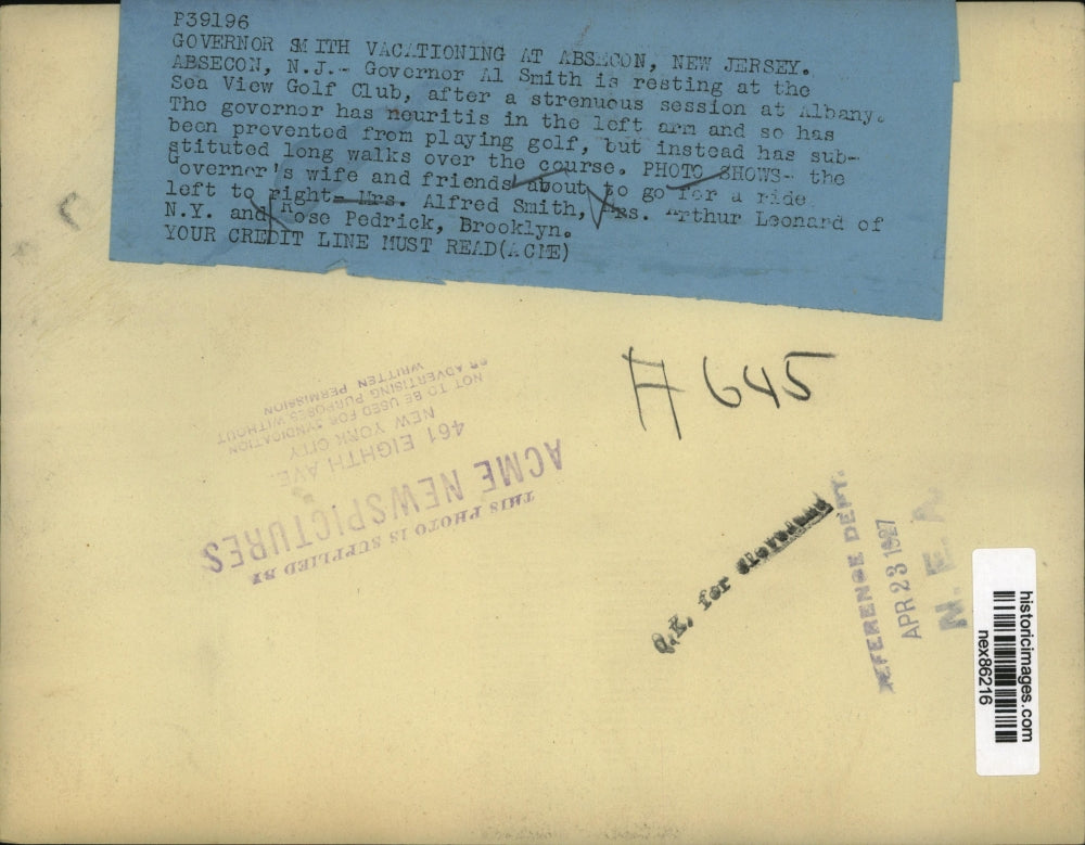 1927 Press Photo Governor of New York Alfred Smith's Wife & Her Friends