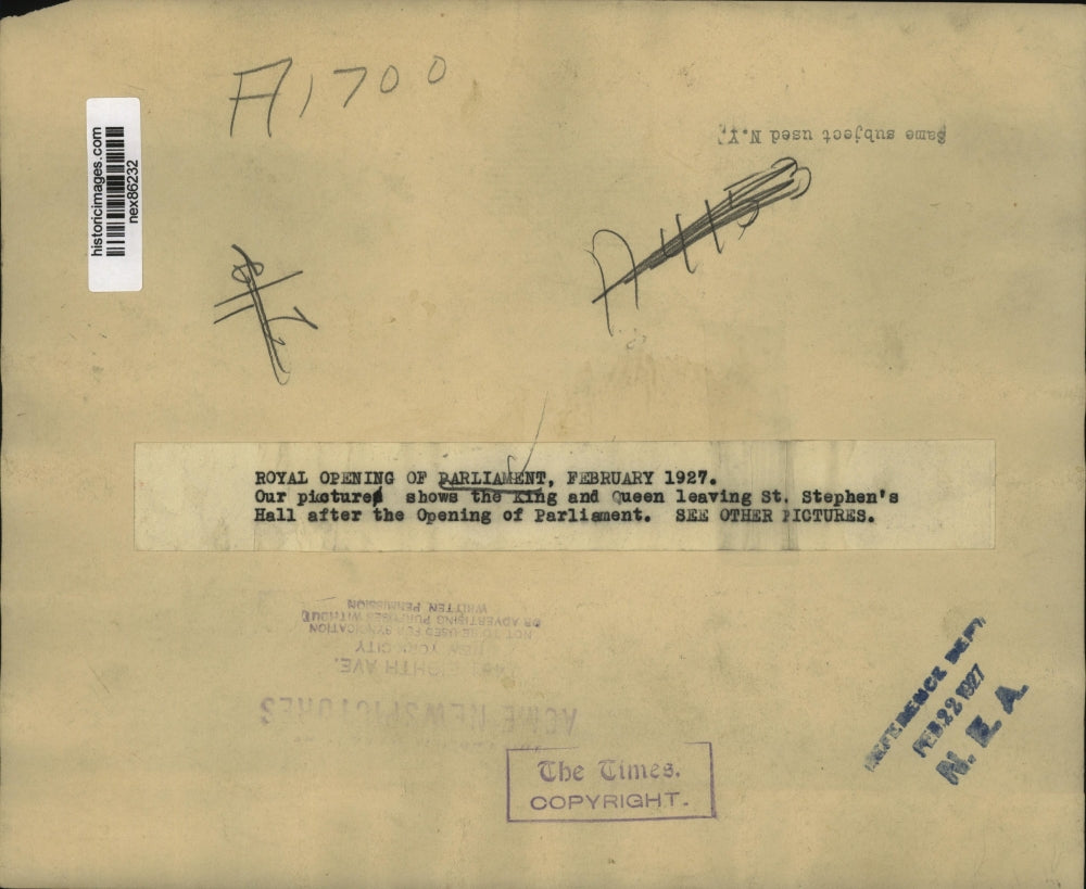 1927 Press Photo Royal Opening of Parliament King & Queen St Stephens Hall