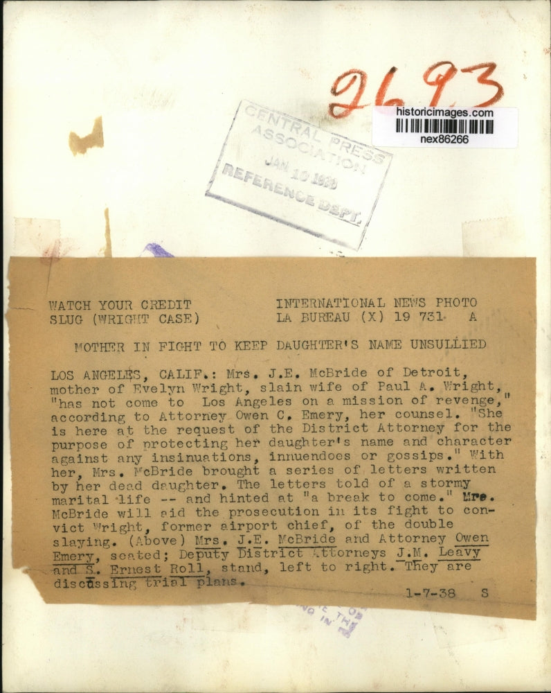 1938 Press Photo Owen Emery & Mrs J E McBride Mother of Murdered Evelyn Wright