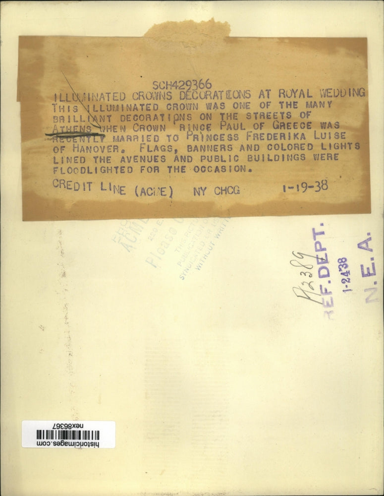 1938 Press Photo Illuminated Crown Decorates Streets of Athens Greece