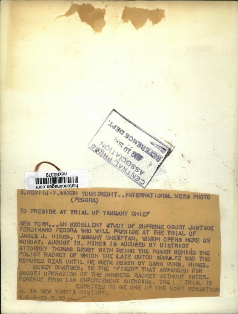1938 Press Photo Supreme Court Justice Ferdinand Pegora Presides Over Tammany Ch