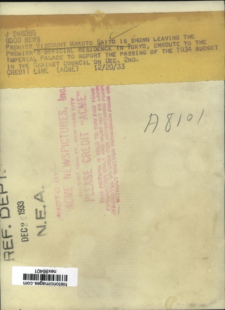 1933 Press Photo Premier Viscount Makoto Saito Leaving his Residence in Tokyo