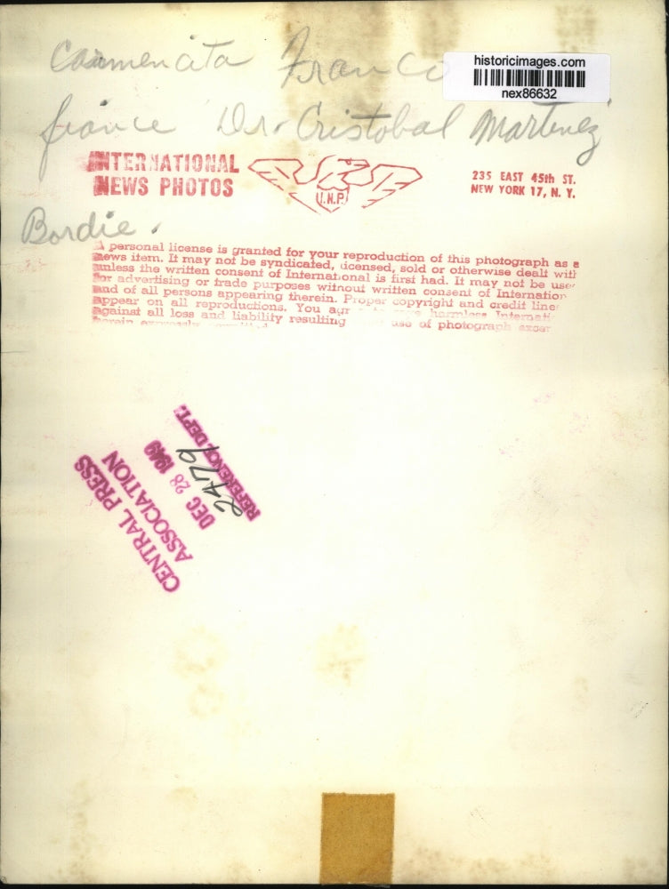 1949 Press Photo Carmencita Franco Fiancee of Dr Cristobal Martinez Bordie