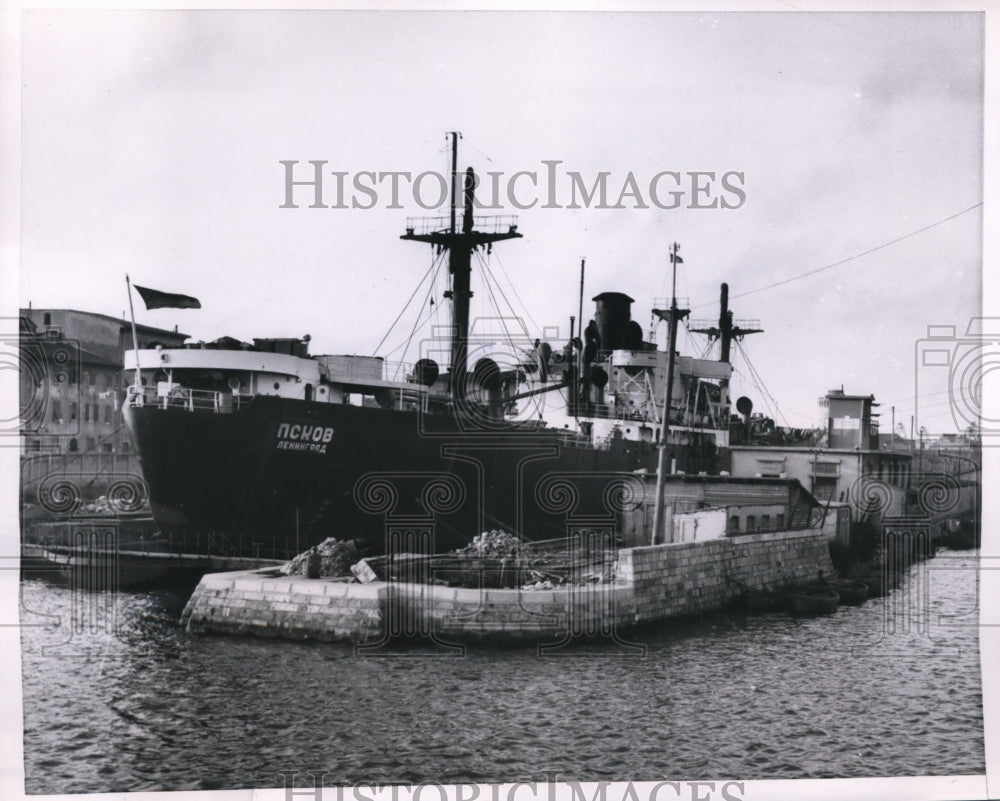 1954 Press Photo Russian Freighter Pskov in Dry Dock at Leghorn Harbor Italy