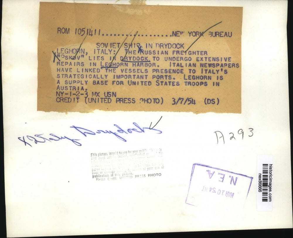 1954 Press Photo Russian Freighter Pskov in Dry Dock at Leghorn Harbor Italy