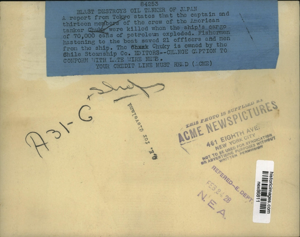 1928 Press Photo 13 Members of American Tanker Chuky Killed in Explosion