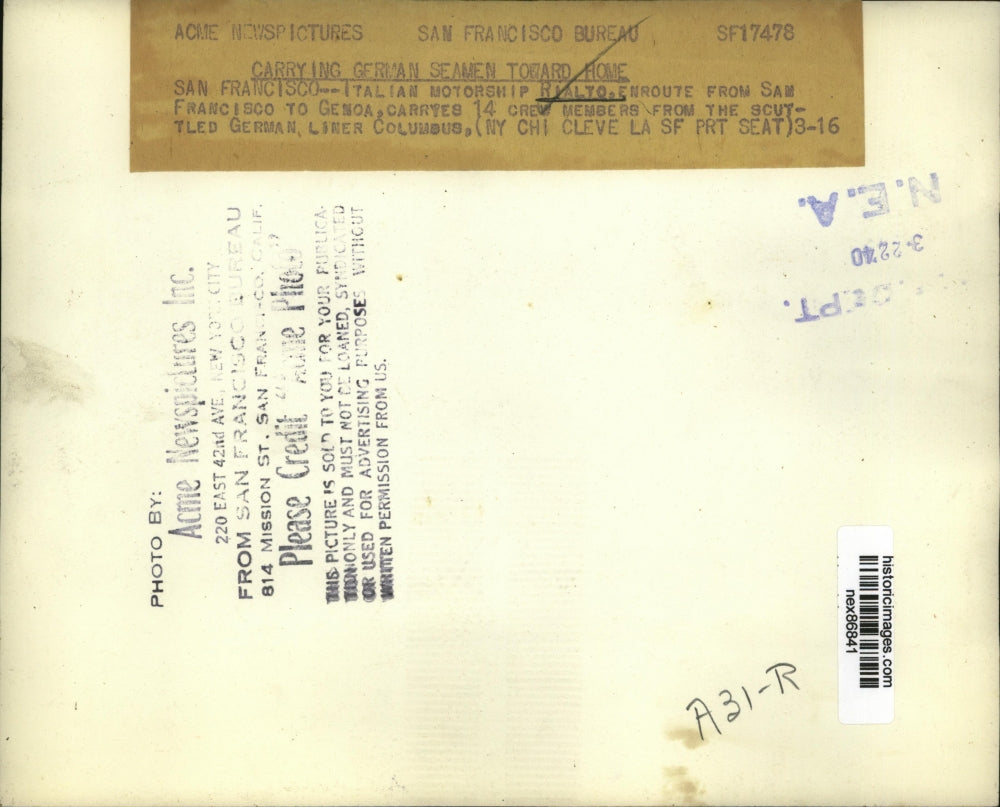 1940 Press Photo Italian Motorship Rialto En route From San Francisco to Genoa