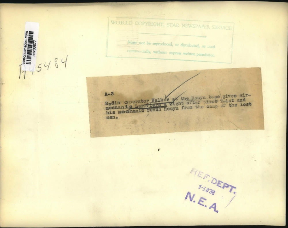 1938 Press Photo Radio Operator Walers & Mechanic Lariviere Looking For Lost Men