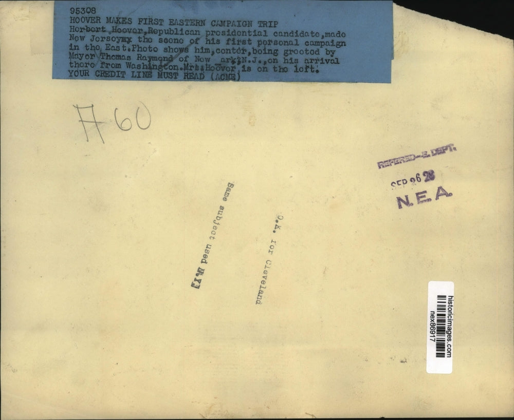 1928 Press Photo Herbert Hoover Presidential Campaign Mayor T Raymond of Newark