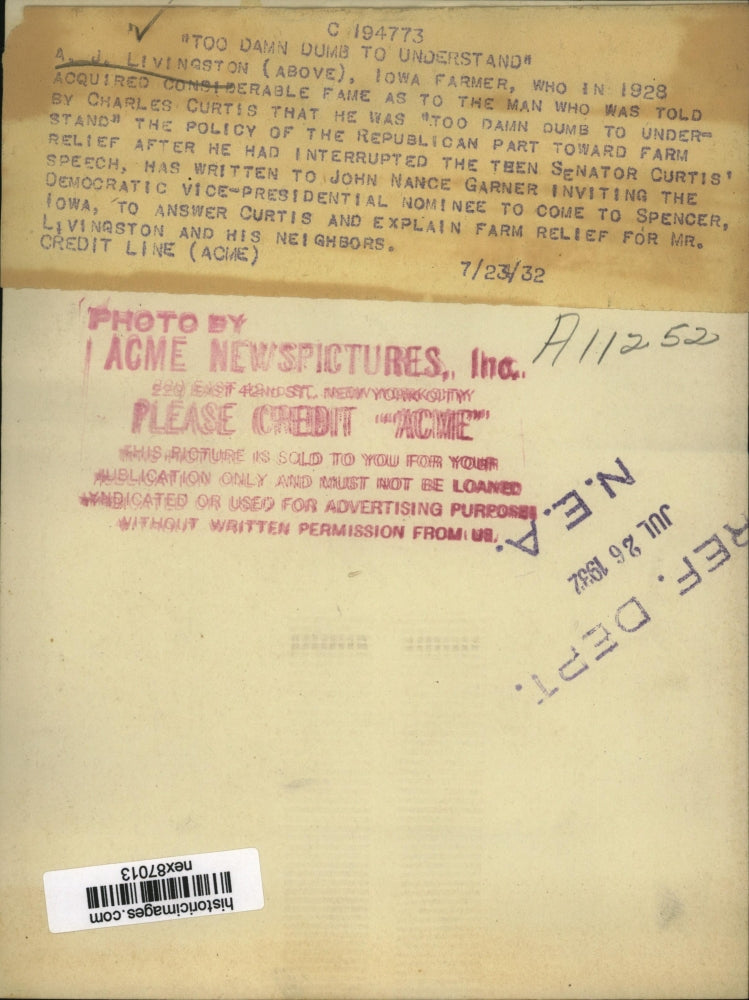 1932 Press Photo Iowa Farmer A J Livingston Writes to J Nance Garner Farm Relief