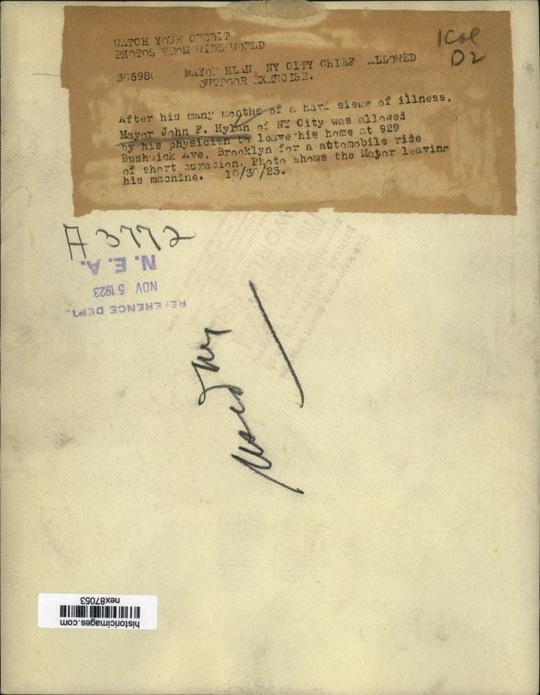 1923 Press Photo John F Hylan Mayor of NY City Allowed to Exercise by Doctor