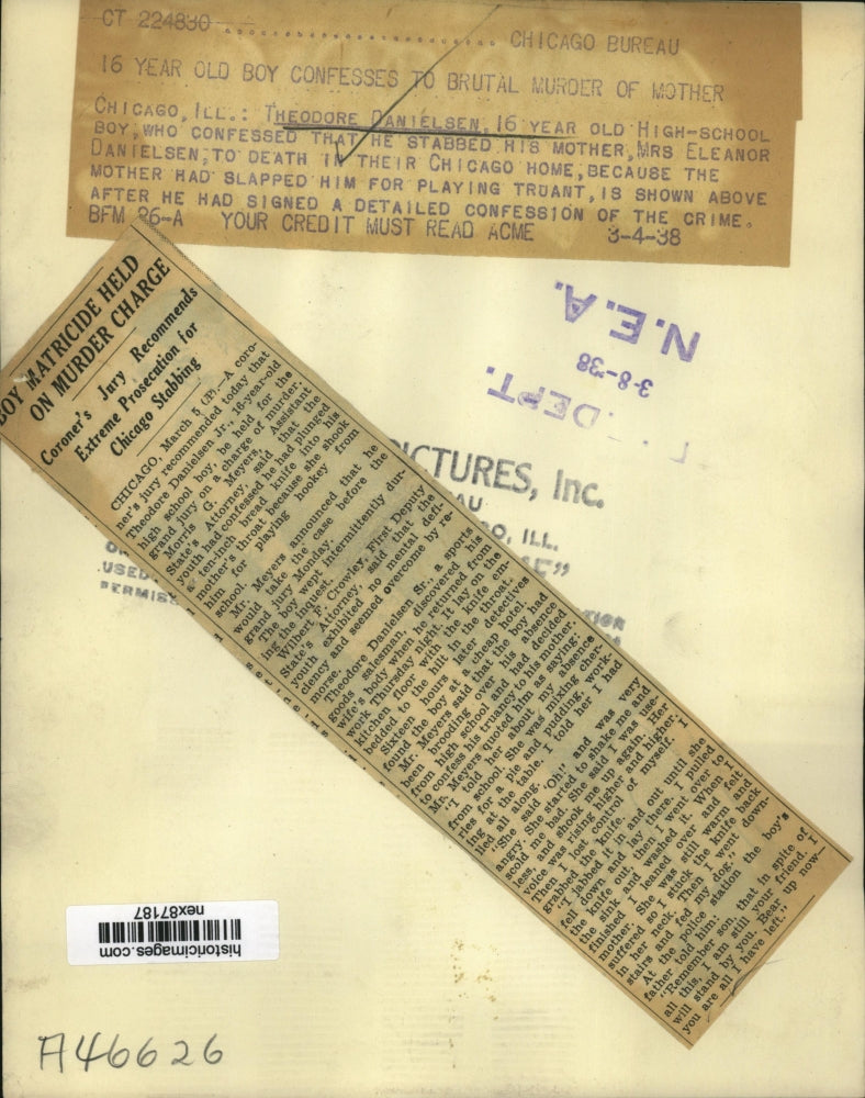 1938 Press Photo Theodore Danielsen Age 16 Confessed to Stabbing & Killing Mom