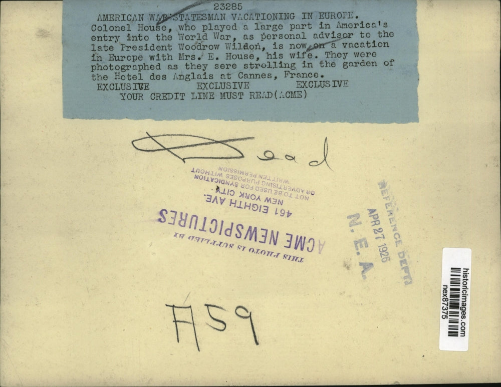 1926 Press Photo Colonel House Played a Huge Role in World War & Mrs House