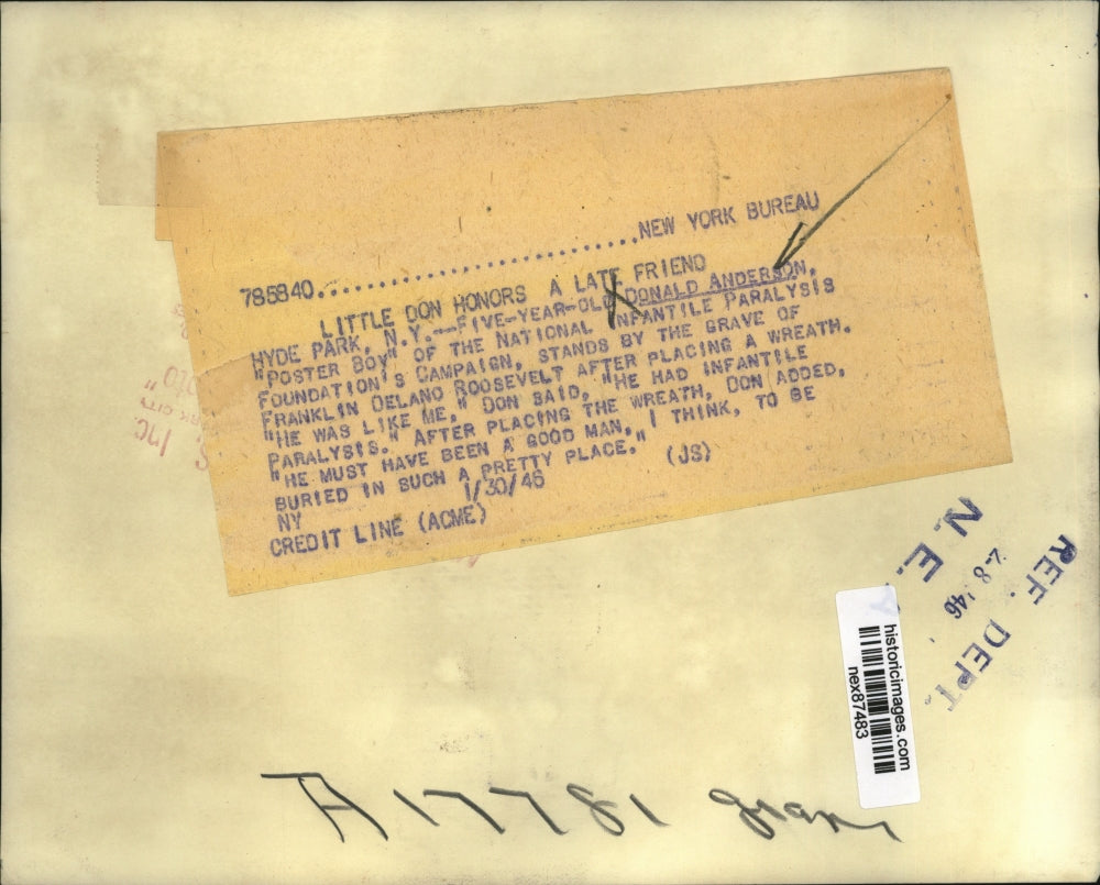 1946 Press Photo Infantile Paralysis Victim Donald Anderson at Roosevelt Grave