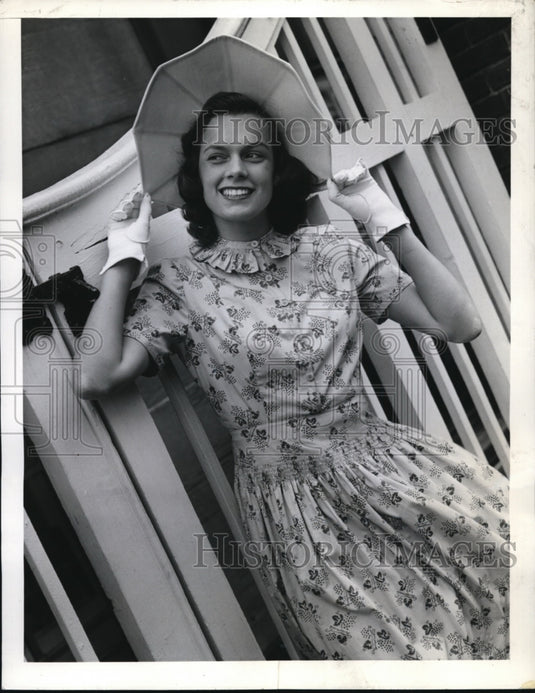 1942 Press Photo Blue Cotton Grape Vine Print Dress Dirndl Skirt by Clarepotter