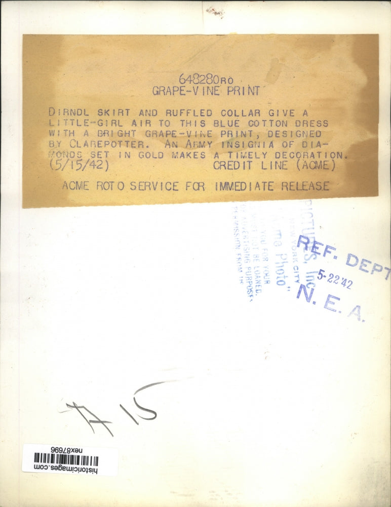 1942 Press Photo Blue Cotton Grape Vine Print Dress Dirndl Skirt by Clarepotter