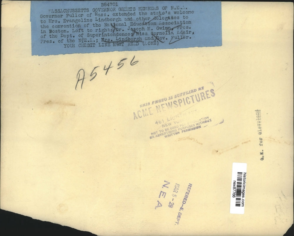 1928 Press Photo Governor Fuller of Mass Welcome Mrs Evangeline Linderbergh