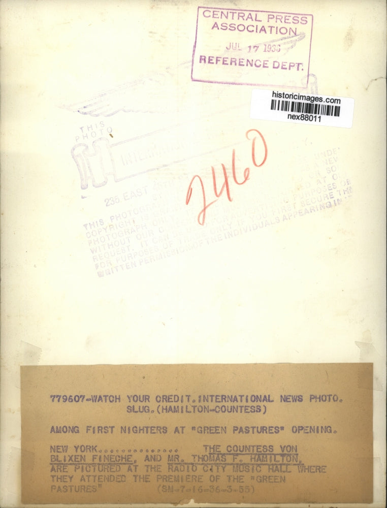 1936 Press Photo Countess Von Blixen Finesche & Mr Thomas Hamilton at Radio City