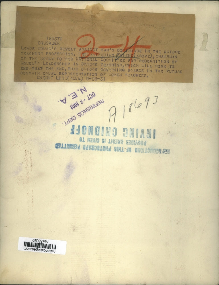 1931 Press Photo Mrs Catherine Friend Chairman of National Comm Recognition Wome