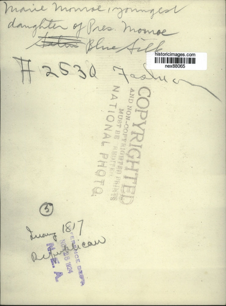 1924 Press Photo Marie Monroe Daughter of Pres Monroe's Blue Silk Evening Gown