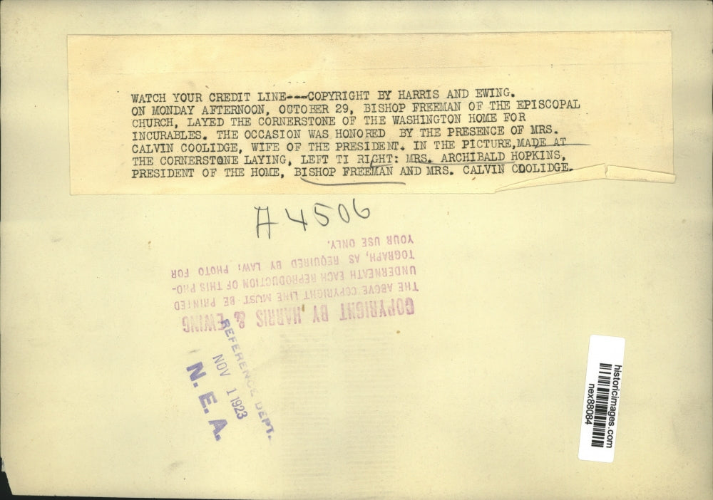 1923 Press Photo Mrs Archibald Hopkins, Bishop Freeman & Mrs Calvin Coolidge