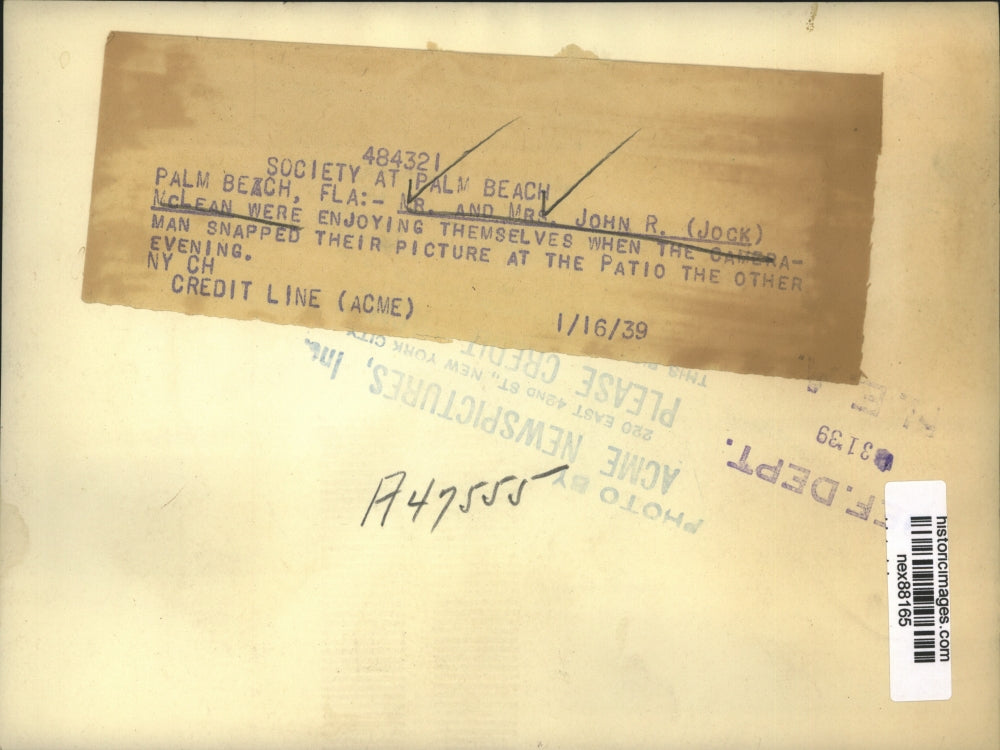 1939 Press Photo Mr & Mrs John R Jock McLean Socialites in Palm Beach