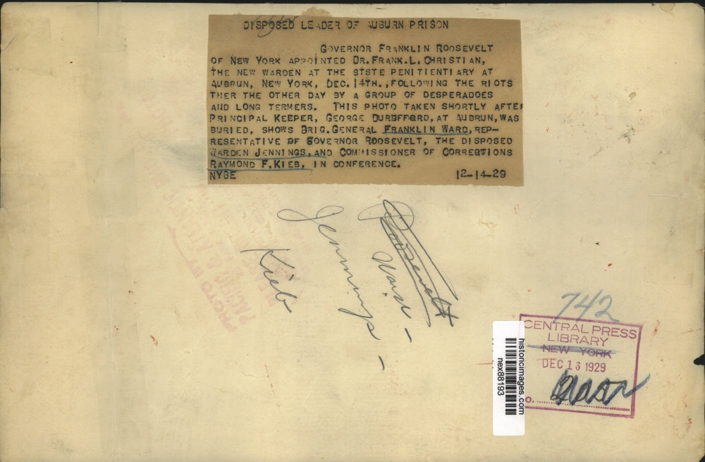 1929 Press Photo Governor Franklin Roosevelt, Dr Frank Christian & Gen Ward