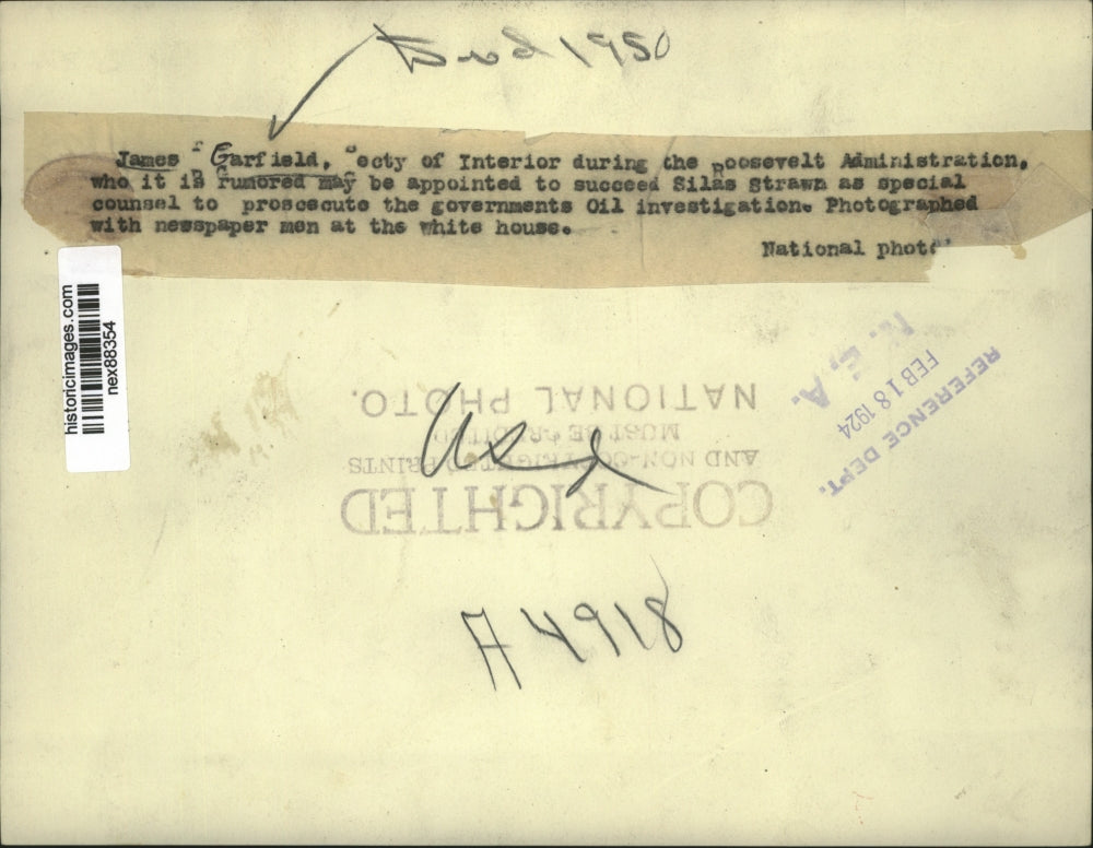 1924 Press Photo James Garfield Secretary of Interior for President Roosevelt