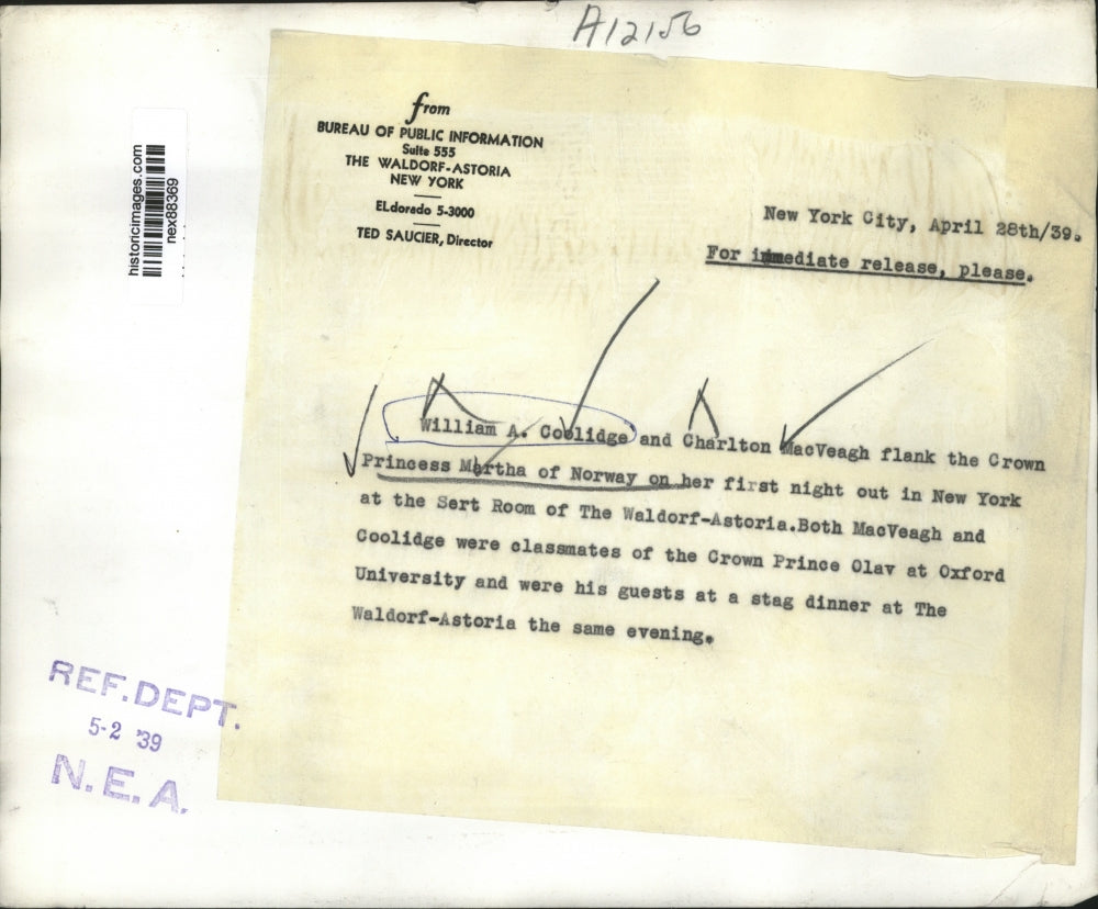 1939 Press Photo William Coolidge, Charlton MacVeagh & Princess Martha of Norway