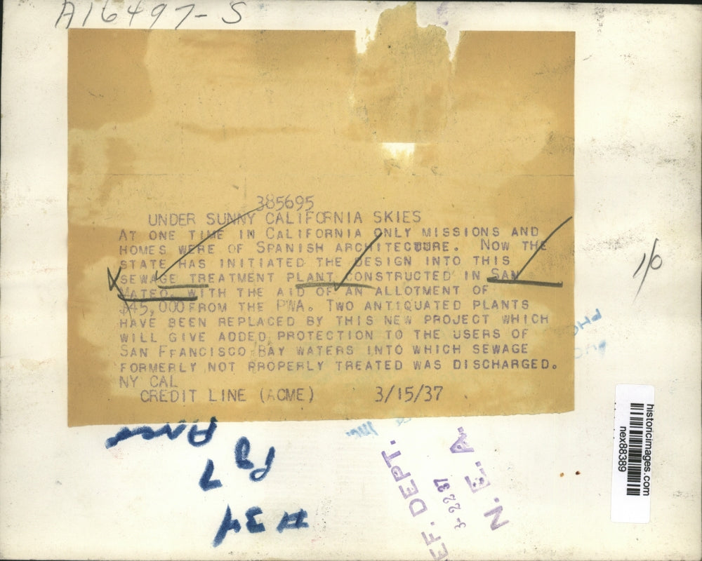 1937 Press Photo Spanish Style Sewage Treatment Plant at San Mateo California