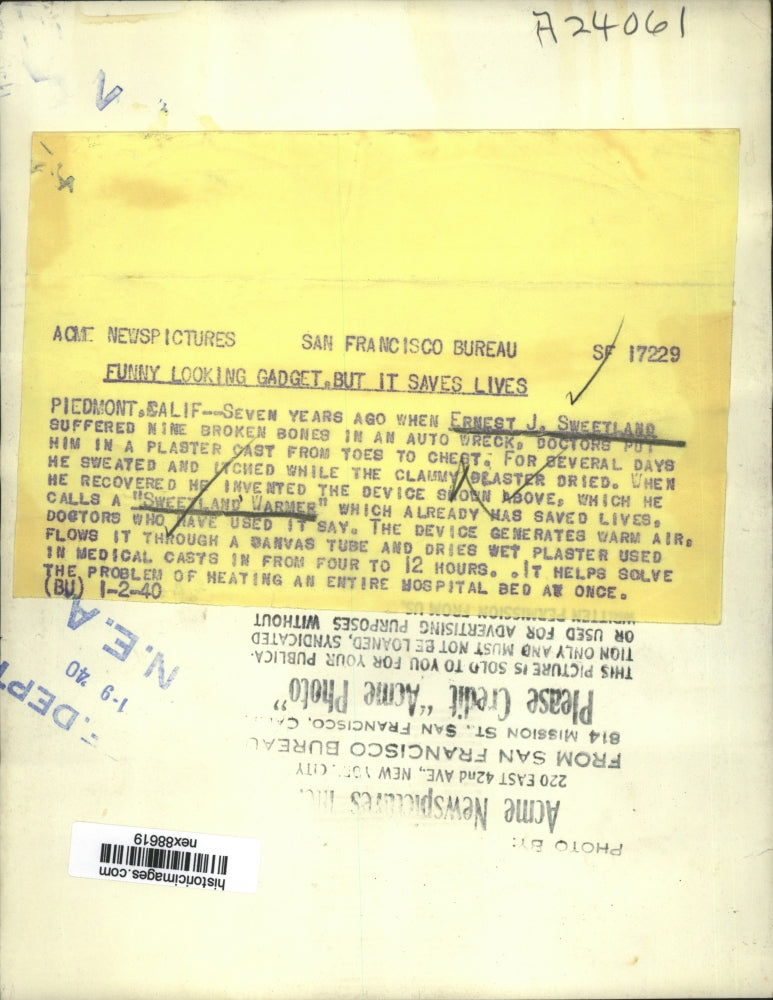 1940 Press Photo Ernest Sweetland Invented Sweetland Warmer Generates Warm Air