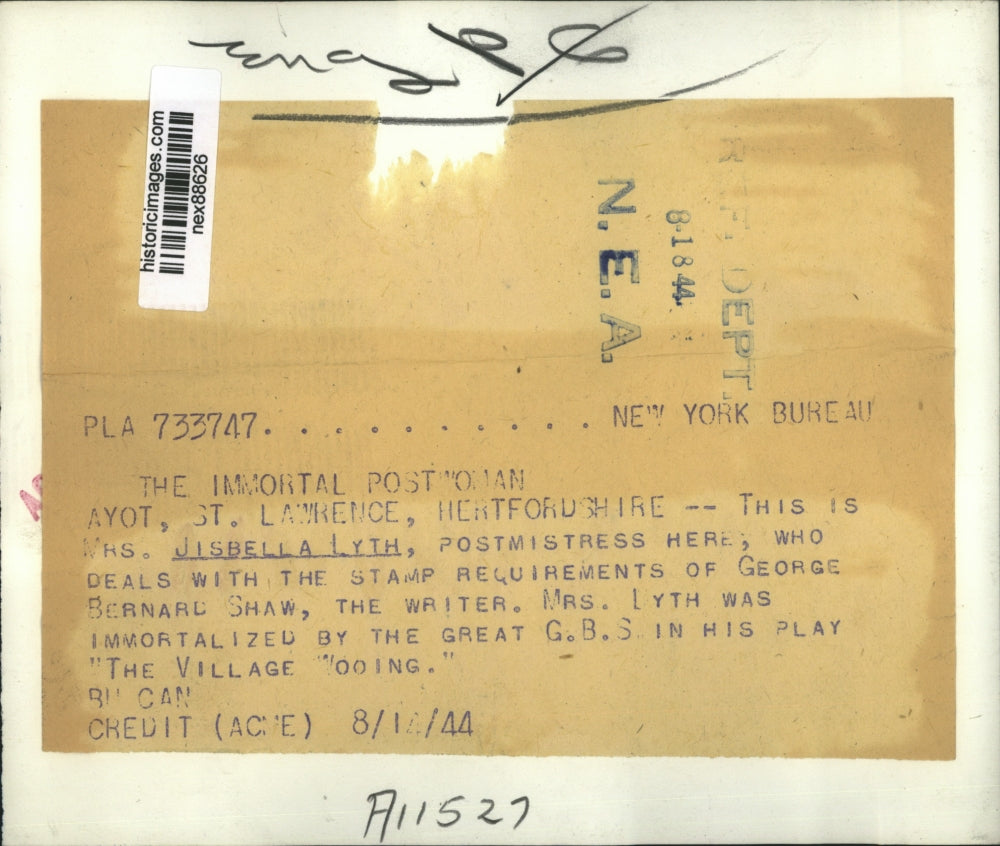 1944 Press Photo Mrs Jisbella Lyth Postmistress of St Lawrence Hertfordshire