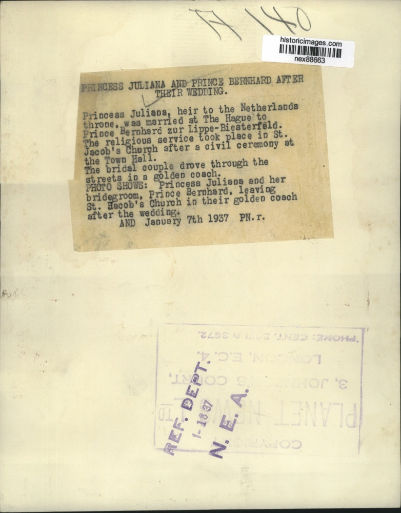 1937 Press Photo Princess Juliana & Bridegroom Prince Bernhard Gold Coach