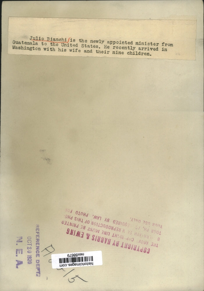 1920 Press Photo Julio Bianchi Minister from Guatemala to United States