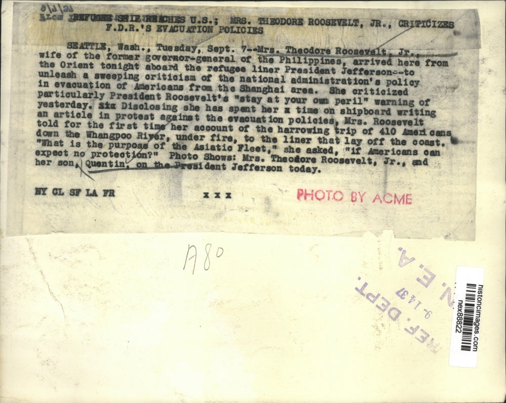 1937 Press Photo Mrs Theodore Roosevelt Jr Wife of Former Gov Gen Philippines