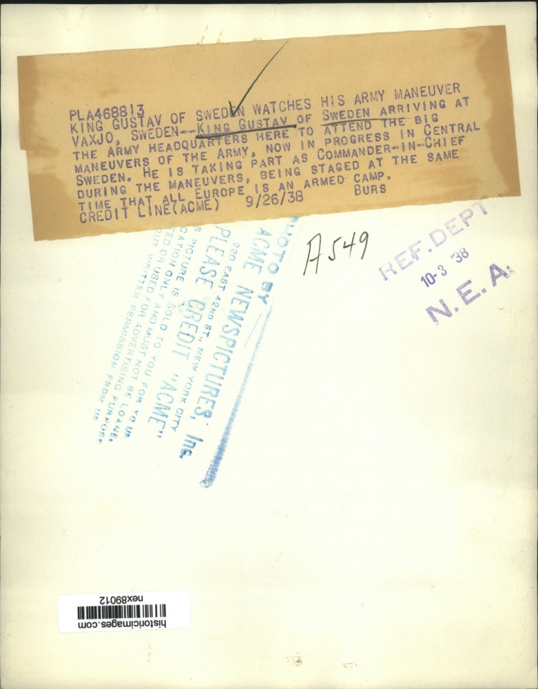 1938 Press Photo King Gustav of Sweden Arriving at Army Headquarters in Vaxjo