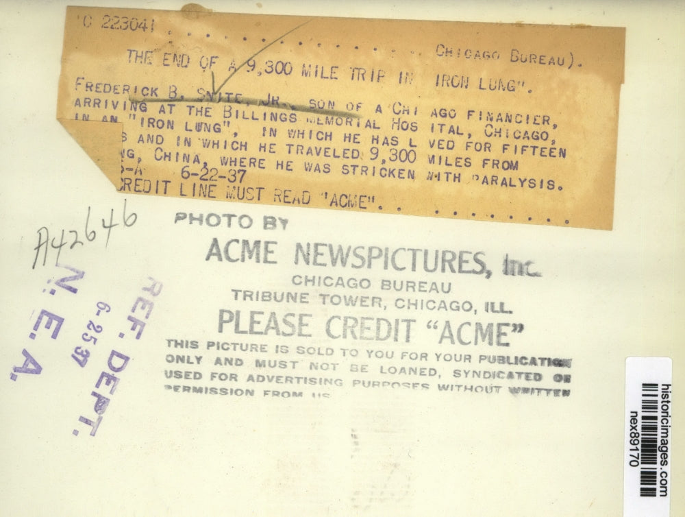 1937 Press Photo Frederick B Snite Jr Arriving at Chicago Hospital in Iron Lung