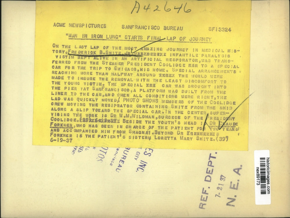 1937 Press Photo Frederick B Snite Returning to Chicago for Japan in Iron Lung