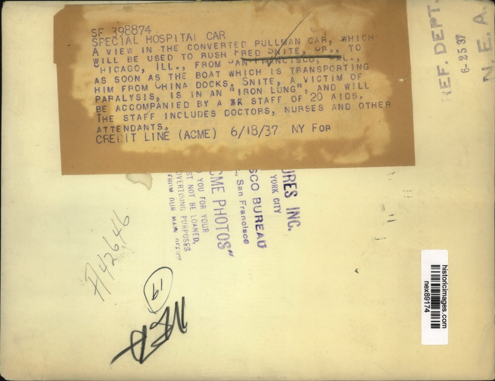 1937 Press Photo Fred Snite Jr of Chicago in His Iron Lung with Nurses