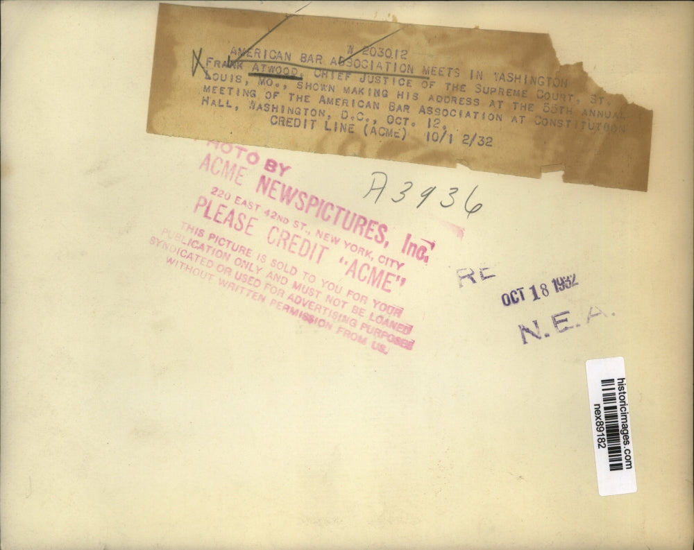 1932 Press Photo Frank Atwood Chief Justice of Supreme Court American Bar Assoc