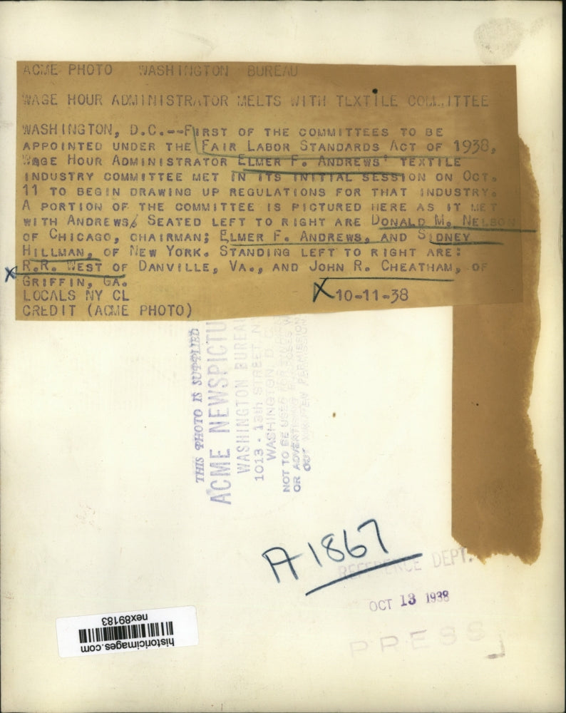 1938 Press Photo Wage Hour Administrator Elmer F Andrews D Nelson S Hillman